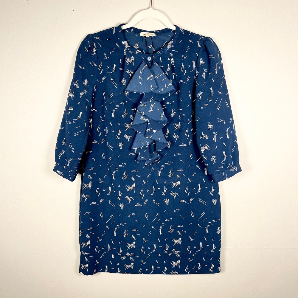 White on blue retro pattern ruffle neckline short dress from Urban Outfitters